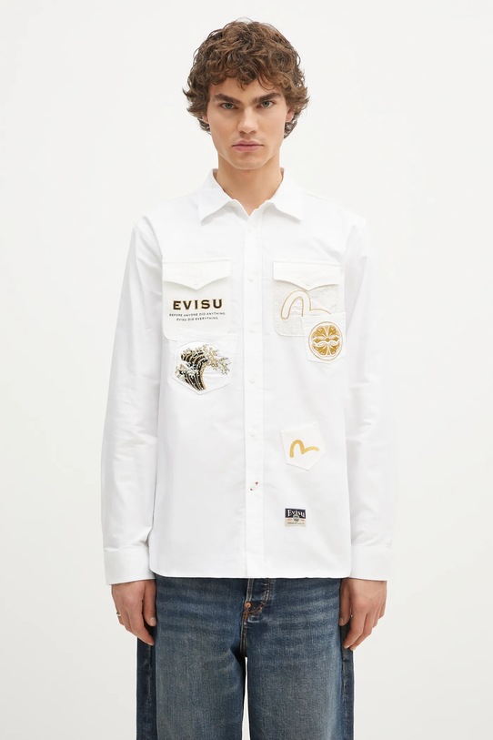 Βαμβακερό πουκάμισο Evisu Evisu Logos & Wave Emb κανονικό λευκό 2EAHTM4SL7040
