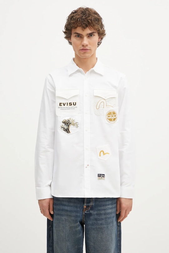 Pamučna košulja Evisu Evisu Logos & Wave Emb regular bijela 2EAHTM4SL7040
