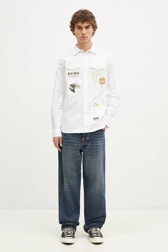 Pamučna košulja Evisu Evisu Logos & Wave Emb 2EAHTM4SL7040 bijela