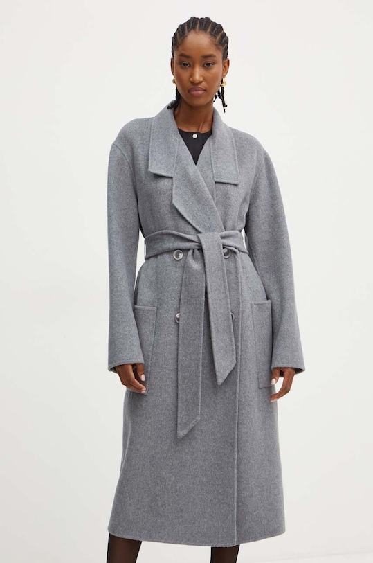 Vlnený kabát BOSS bez kapucne sivá 50521160