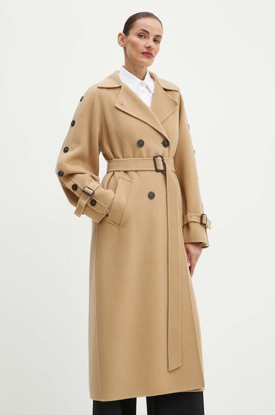 Weekend Max Mara płaszcz wełniany bez kaptura beżowy 2425016021600