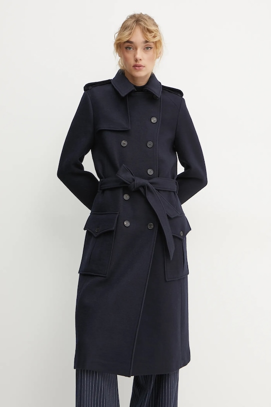 The Kooples płaszcz wełniany bez kaptura granatowy FTRE29003K