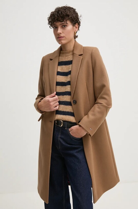 Vlnený kabát Tommy Hilfiger bez kapucne béžová WW0WW42738