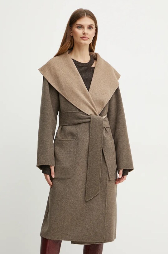 Karl Lagerfeld płaszcz wełniany dwustronny 246W1502 beżowy AW24