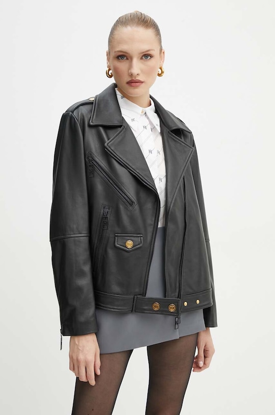 Kožená bunda Elisabetta Franchi krivák čierna GD42Z46E2