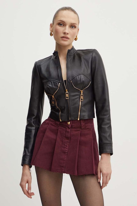 Кожено яке Elisabetta Franchi гладка кожа черен GD43Z46E2