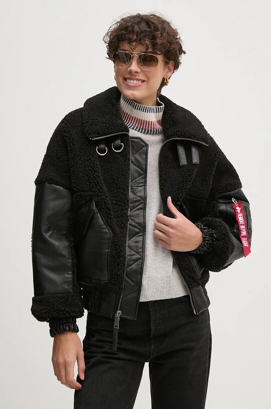 Alpha Industries geaca Teddy PU Bomber cu captuseala negru 148001