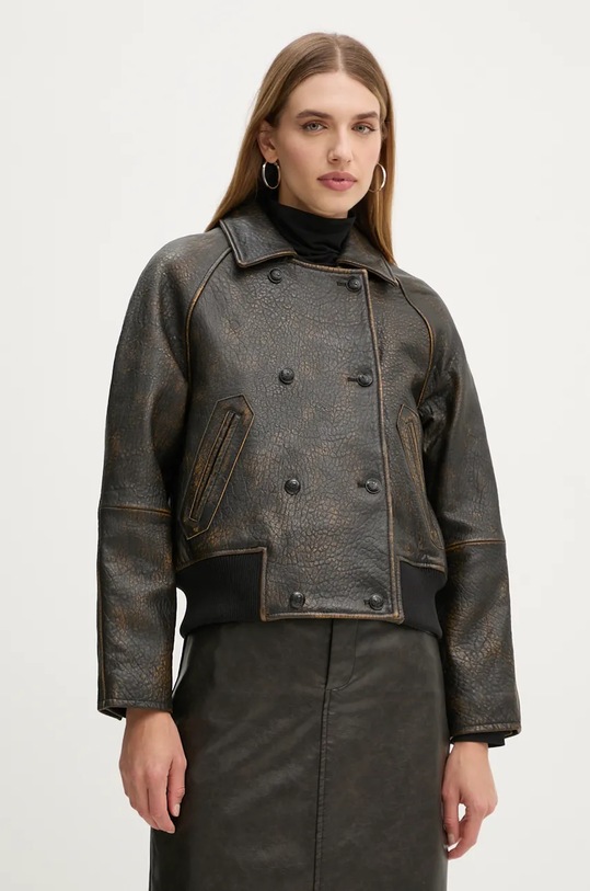 Δερμάτινο μπουφάν The Kooples λείο δέρμα καφέ FCUI29010K