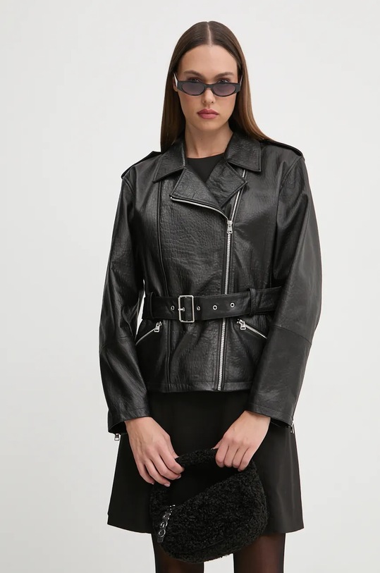 Usnjena biker jakna HUGO Oversize črna 50522746