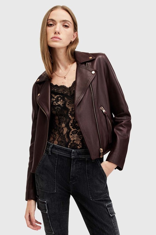 Kožená bunda AllSaints DALBY BIKER nezateplené burgundské W099LB