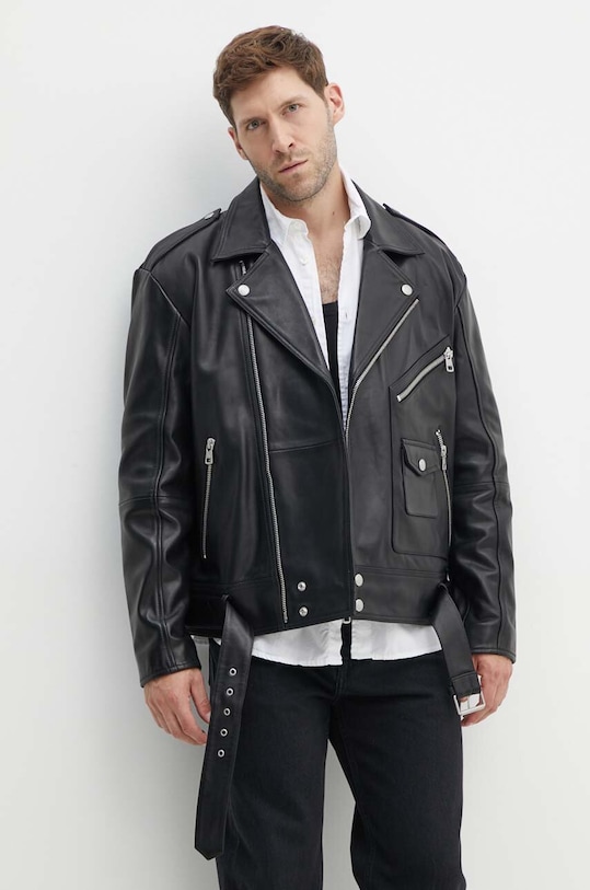 Kožená bunda Calvin Klein Jeans oversize čierna J30J325600