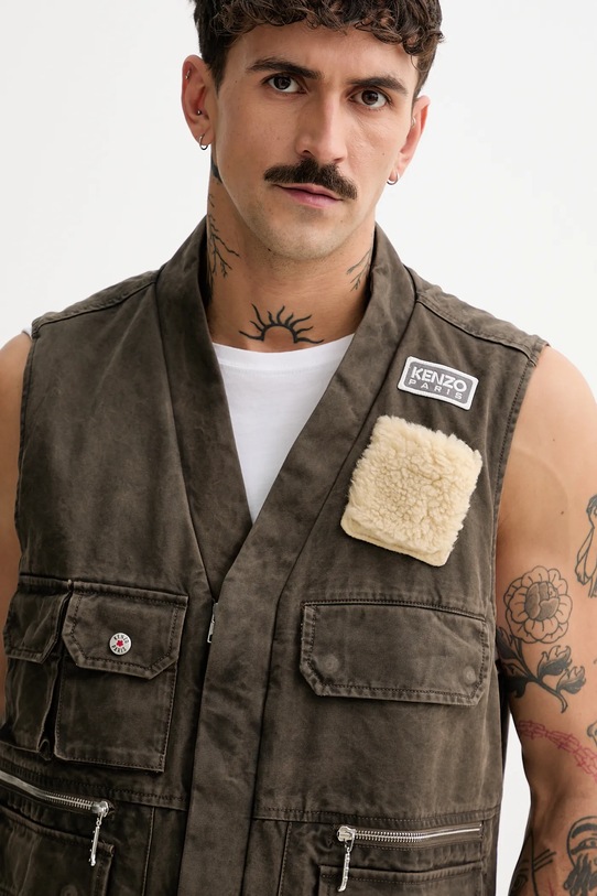Kenzo bezrękawnik bawełniany Multipocket Gilet brązowy FE65VE0089GK.92