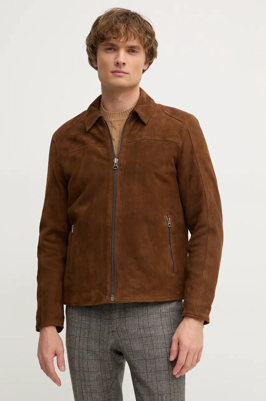 Jakna od brušene kože Pepe Jeans TENJAMIN bez tople podstave smeđa PM403018