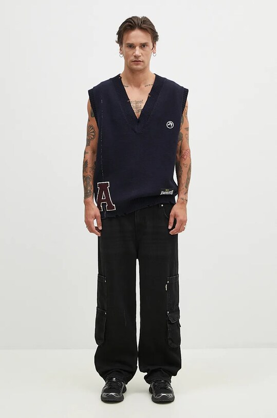 AMBUSH vesta de lana Repair Stitch V Neck Vest BMHZ002F24KNI0014628 bleumarin