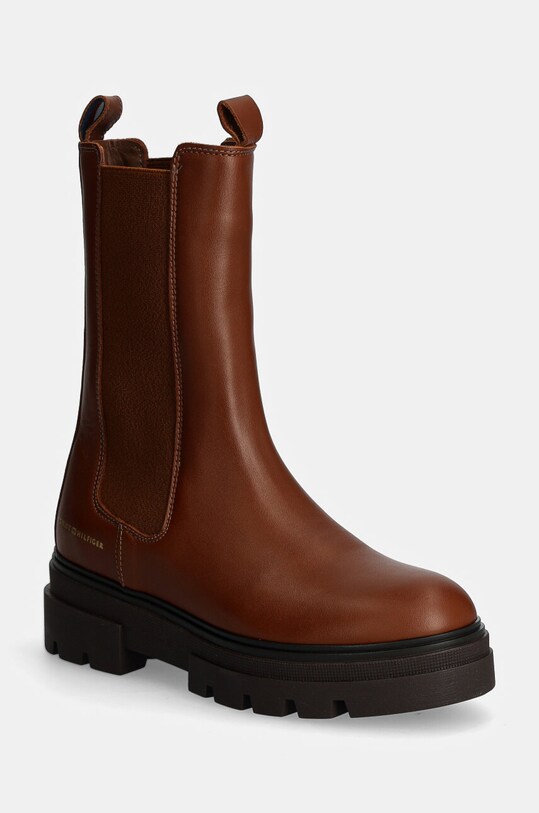 Tommy Hilfiger sztyblety skórzane MONOCHROMATIC CHELSEA BOOT płaski brązowy FW0FW06730