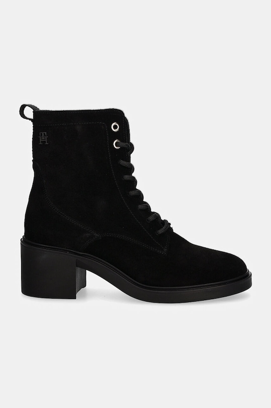 Gležnječe od brušene kože Tommy Hilfiger SUEDE MID HEEL LACEUP LOGOTAPE FW0FW08090 crna NC24