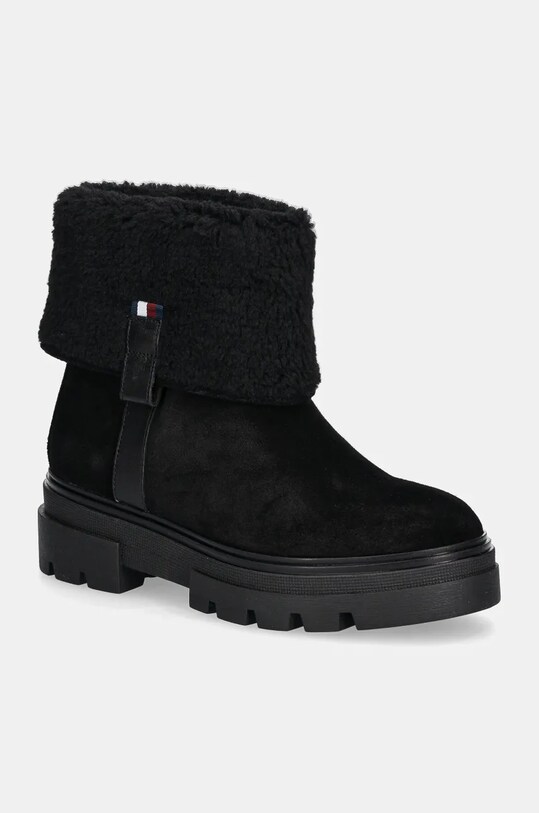 Tommy Hilfiger botki zamszowe FAUX FUR SUEDE ROLL-DOWN BOOT płaski czarny FW0FW08158