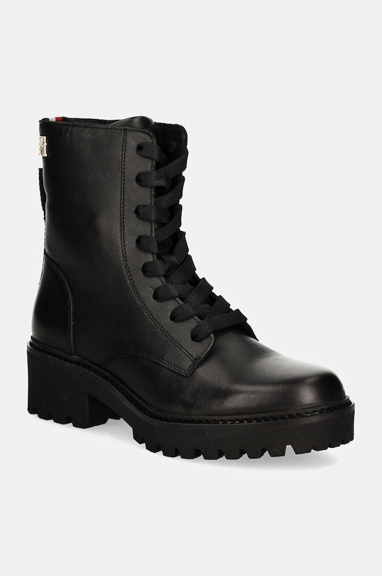 Δερμάτινα workers Tommy Hilfiger CHIC MID HEEL LEATHER LACE-UP φλατ μαύρο FW0FW08305