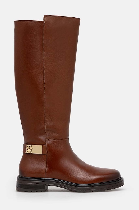 Vysoké čižmy Tommy Hilfiger TH LOGO LEATHER LONG BOOT FW0FW08335 hnedá NC24