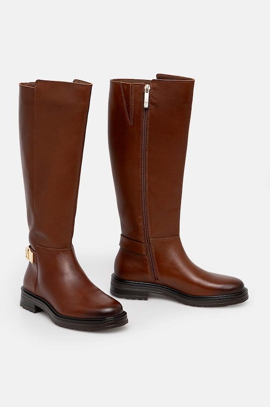 Vysoké čižmy Tommy Hilfiger TH LOGO LEATHER LONG BOOT hnedá FW0FW08335