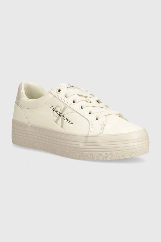 Kožené tenisky Calvin Klein Jeans VULC FLATFORM LACEUP LTH plochá béžová YW0YW01474