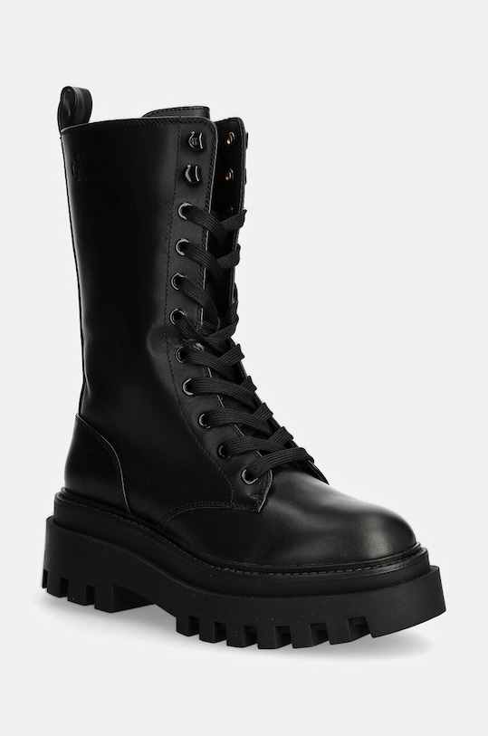 Kožne čizme Calvin Klein Jeans FLATFORM LACE UP BOOT MG LTH zrnata koža crna YW0YW01544