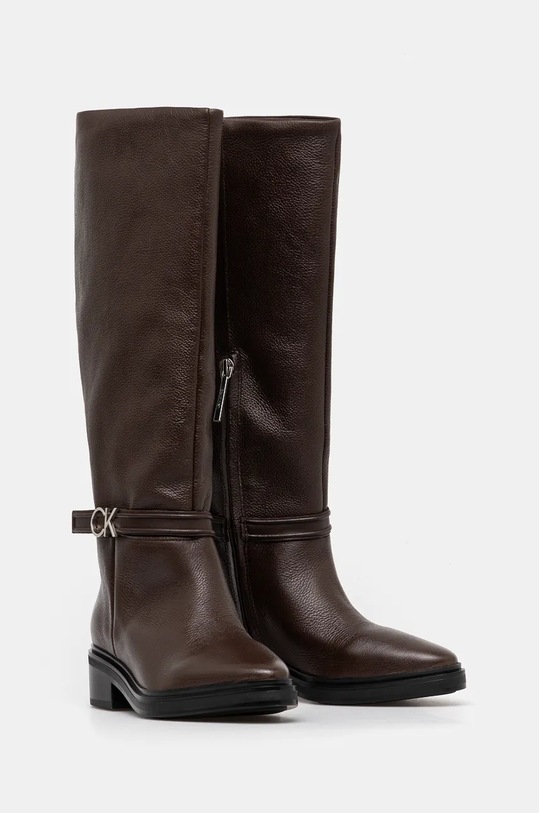 Usnjeni elegantni škornji Calvin Klein HEEL KNEE BOOT 30 W/HW LTH rjava HW0HW02184