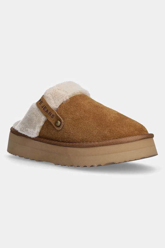 Pepe Jeans papuci din piele întoarsă PLS10421 maro PLS10421