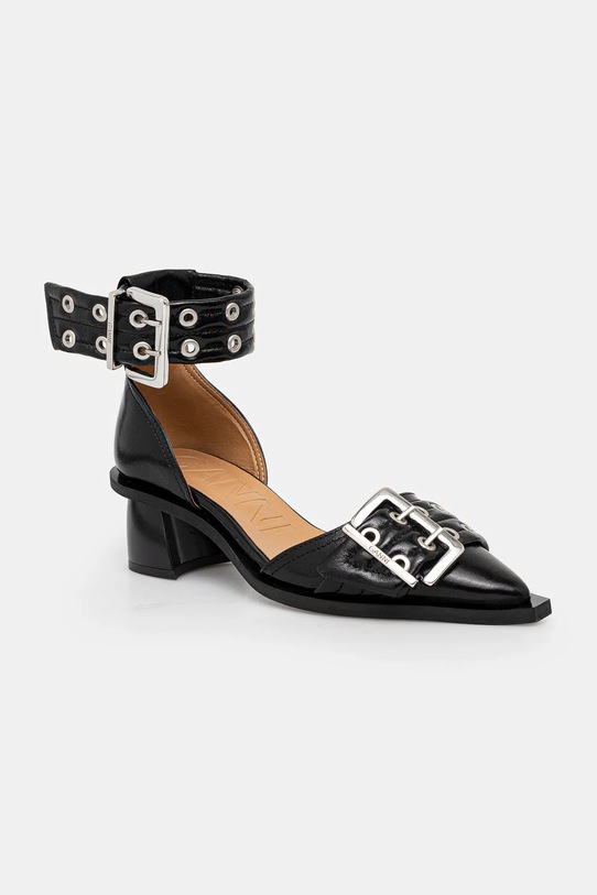 Balerinke GANNI Feminine Buckle Open Cut Pump Naplack široka potpetica crna S2891