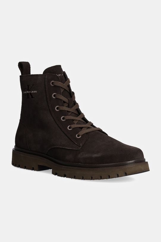 Calvin Klein Jeans pantofi inalti de piele EVA BOOT MID LACEUP ICONIC DRESS cu snur maro YM0YM01070
