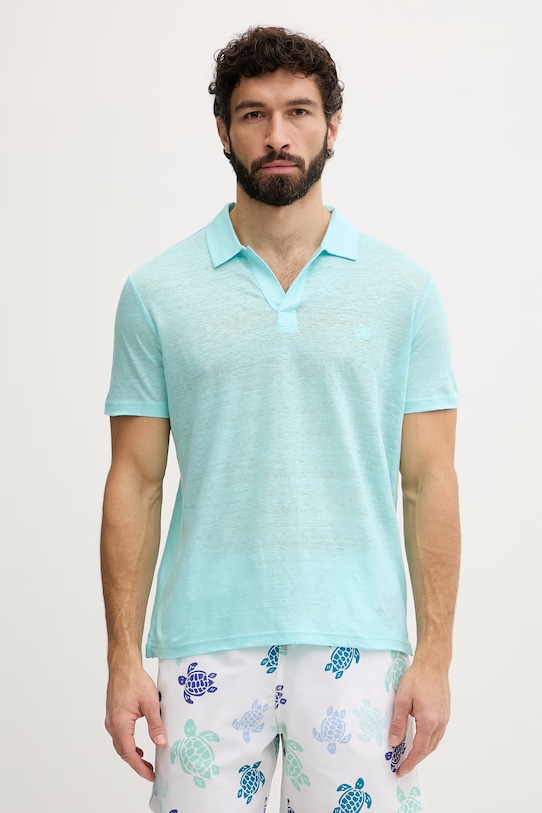 Vilebrequin polo męskie lniane PYRAMID turkusowy PYRE9O00