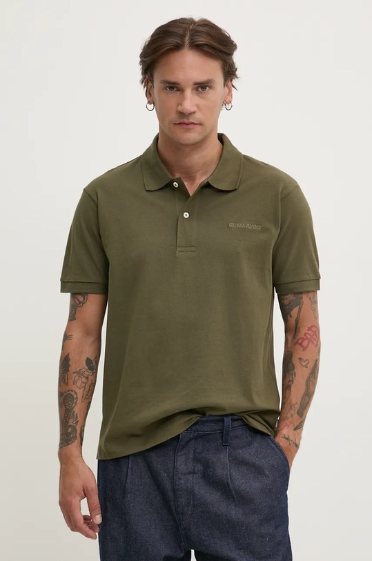 Памучна тениска с яка Guess Jeans стандартна зелен M4BP29.KCJV1