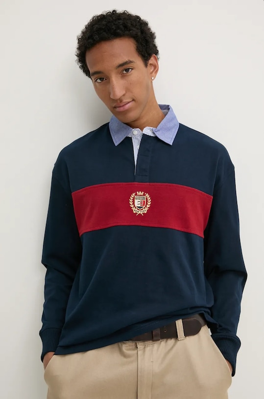 Bavlněné tričko s dlouhým rukávem Tommy Jeans nášivka námořnická modř DM0DM19620