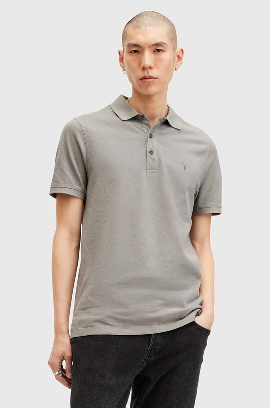 Pamučna polo majica AllSaints REFORM pamuk siva M075PB
