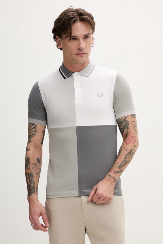 Fred Perry polo bawełniane Beams Grid Design Shirt nadruk szary SM7187.100