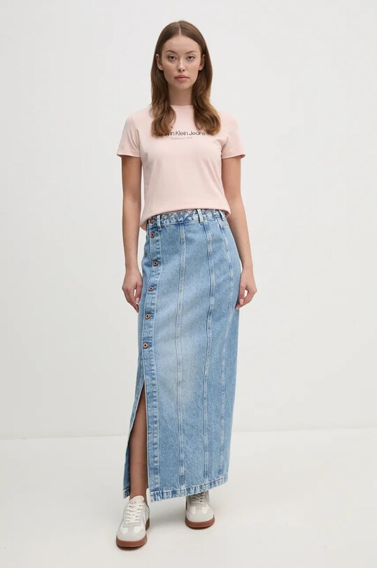 Pepe Jeans spódnica jeansowa MIDI SKIRT UHW EMBRO bawełna niebieski PL901166