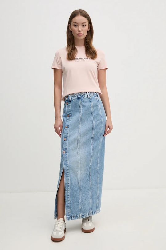 Pepe Jeans farmer szoknya MIDI SKIRT UHW EMBRO szövet kék PL901166