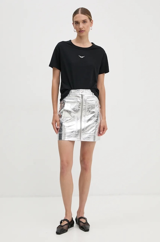 Kožna suknja ZADIG&VOLTAIRE RWSK00005 srebrna AW24