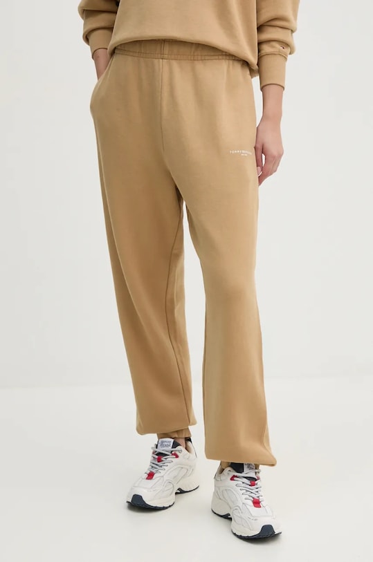 Bavlněné tepláky Tommy Hilfiger pletenina béžová WW0WW42883