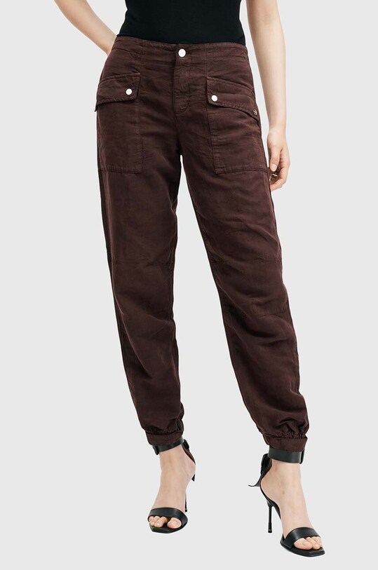 Kalhoty s lněnou směsí AllSaints VAL W016TB burgundské AW24