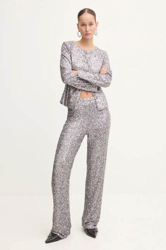 Hlače Never Fully Dressed Gunmeal Sequin Freddie Trousers NFDTR356 srebrna AW24