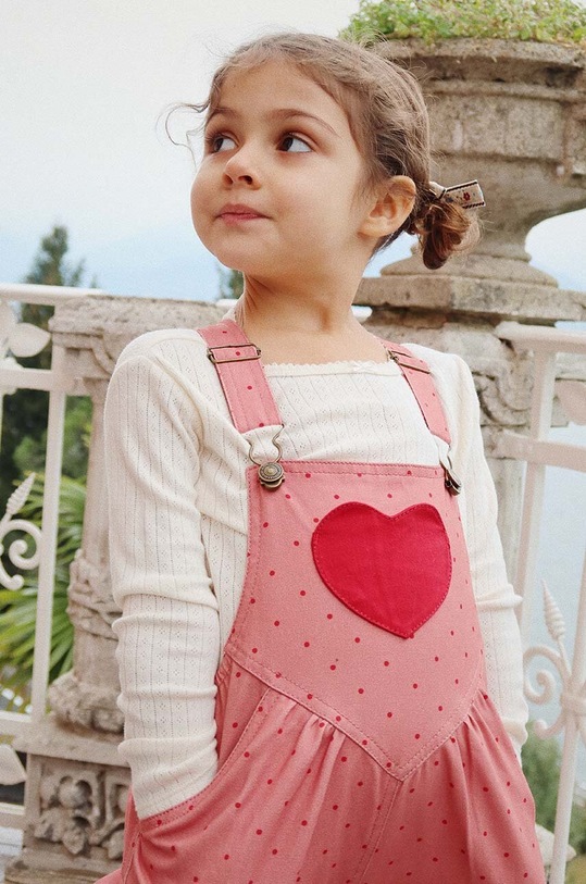 Dětské kalhoty na šle Konges Sløjd NOLA HEART OVERALLS GOTS látka růžová KS101633