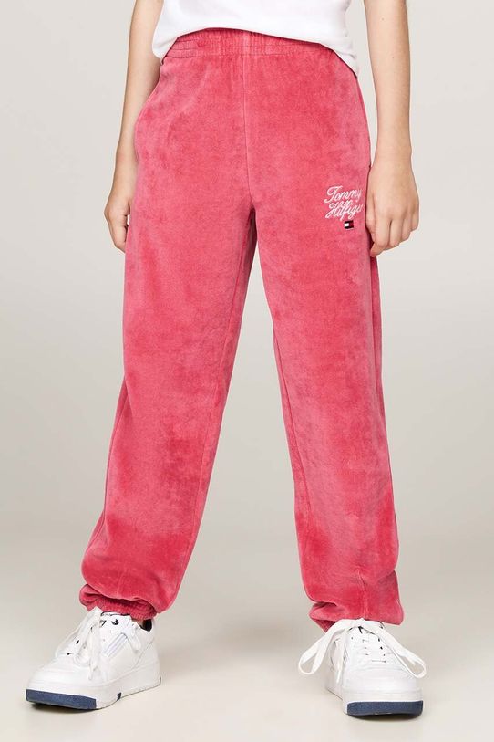 Detské tepláky Tommy Hilfiger TH SCRIPT VELOUR PANT béžová KG0KG08221.9BYH.104.122