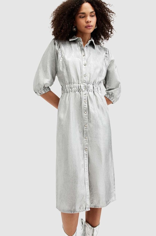 AllSaints rochie din bumbac OSA DENIM argintiu W080DA