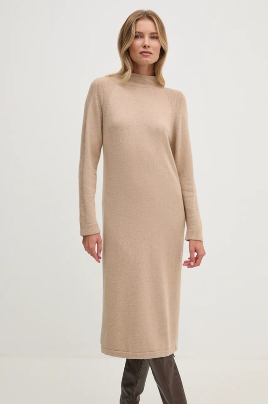 United Colors of Benetton rochie din amestec de lana midi bej 1235DV01T