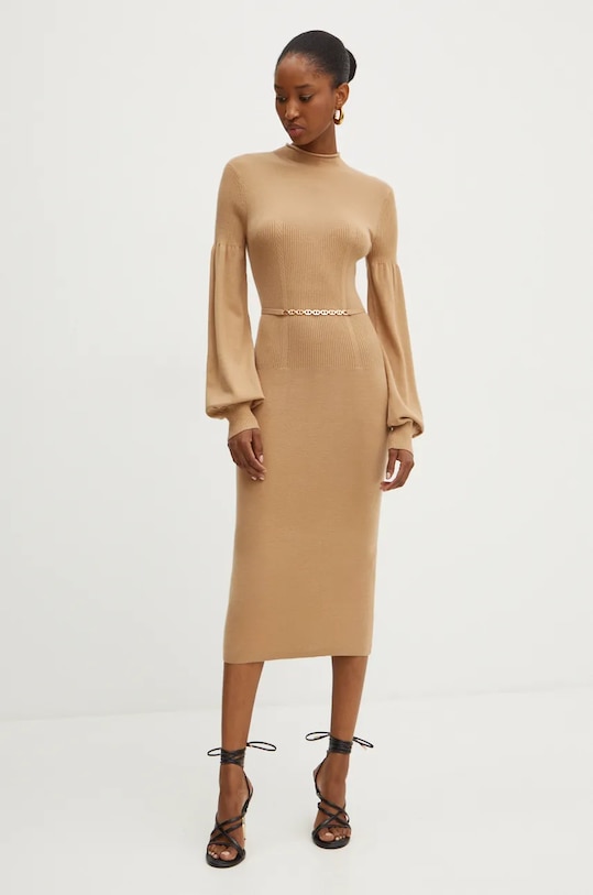 Šaty z vlněné směsi Twinset midi béžová 242TP3591