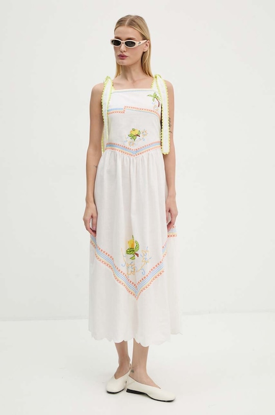 Šaty s příměsí lnu Never Fully Dressed Corfu Midi nášivka bílá NFDDR1359
