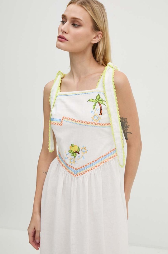 Šaty s příměsí lnu Never Fully Dressed Corfu Midi NFDDR1359 bílá AW24