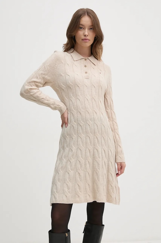 Vlněné šaty Tommy Hilfiger mini béžová WW0WW43085