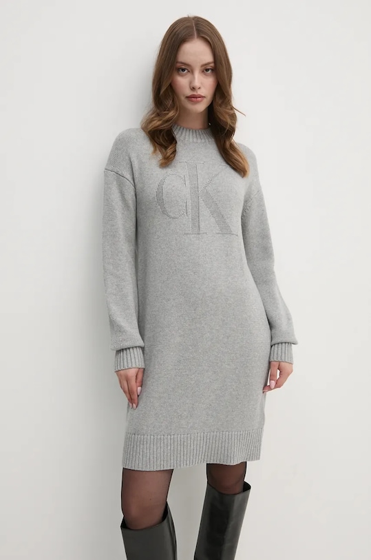 Calvin Klein Jeans sukienka z domieszką wełny długi szary J20J224923